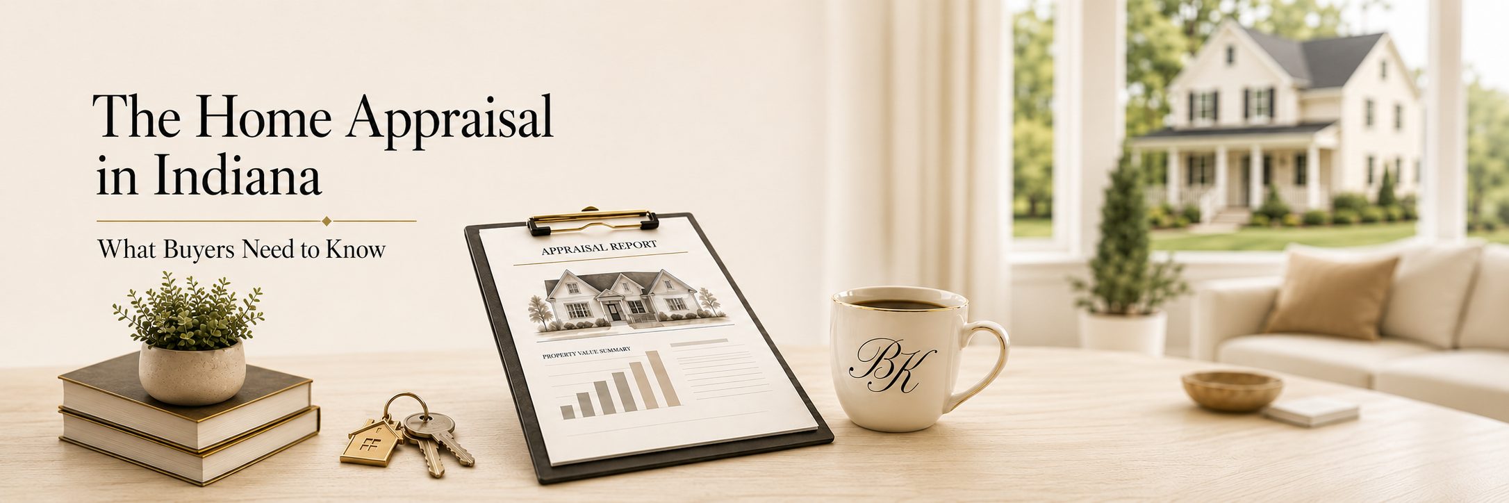Home appraisal in Indiana guide featuring an appraisal report, house keys, a BK coffee mug, and a South Central Indiana home